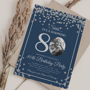 SURPRISE 80th Birthday Silver Confetti Navy Blue Invitation