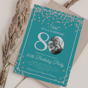 SURPRISE 80th Birthday Silver Confetti Turquoise Invitation