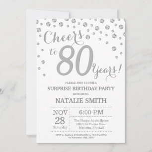 Surprise 80th Birthday Silver Glitter Diamond Invitation