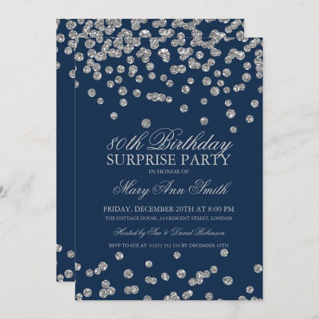 Surprise 80th Birthday Silver Glitter Navy Blue Invitation (Front/Back)