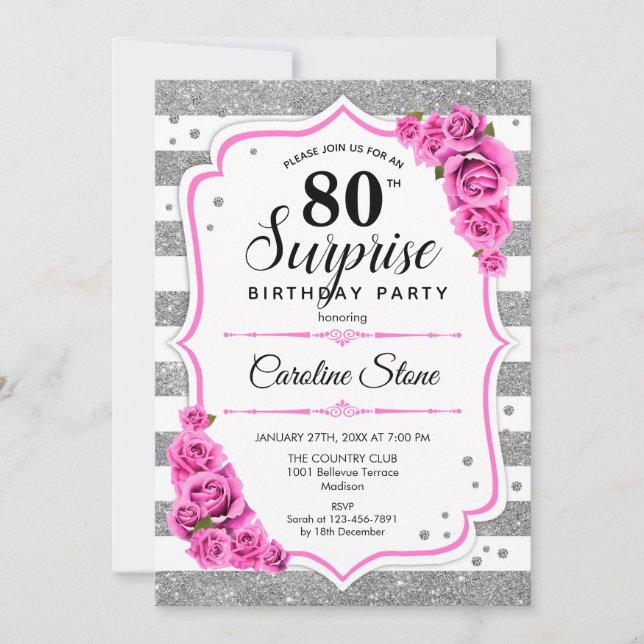 Surprise 80th Birthday - Silver White Pink Invitation (Front)