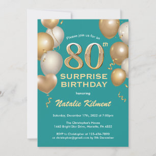 Surprise 80th Birthday Teal and Gold Balloons Invitation