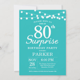 Surprise 80th Birthday Teal Aqua Turquoise Invitation