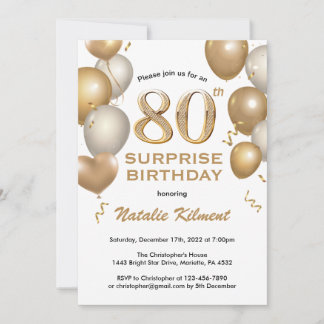 Surprise 80th Birthday White and Gold Balloons Invitation