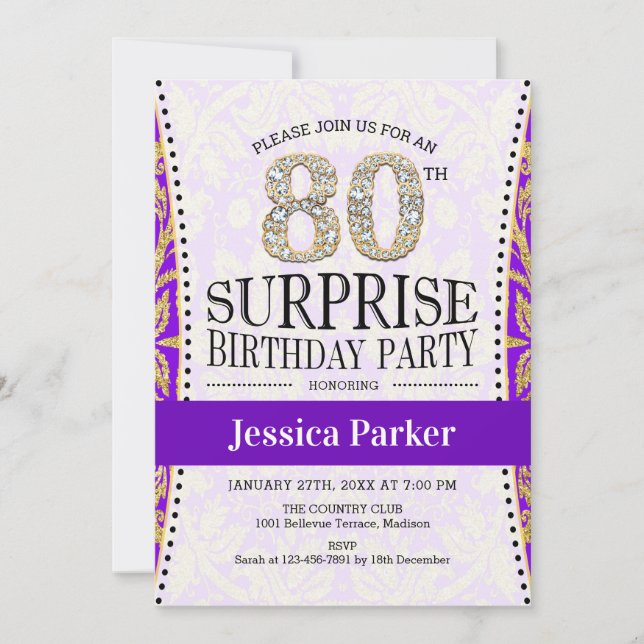 Surprise 80th Birthday - White Gold Purple Invitation (Front)