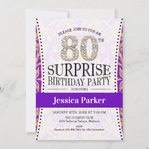Surprise 80th Birthday - White Gold Purple Invitation
