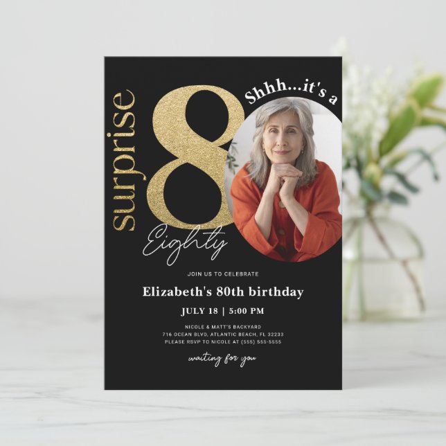 Surprise 80th Black Gold Birthday Invitation Photo (Standing Front)