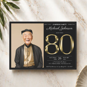 Surprise 80th Black Gold Text Photo Birthday Party Invitation