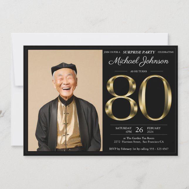 Surprise 80th Black Gold Text Photo Birthday Party Invitation (Front)