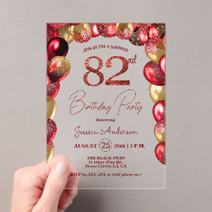 Surprise 82nd Birthday Party Gold Burgundy Glitter Acrylic Invitations