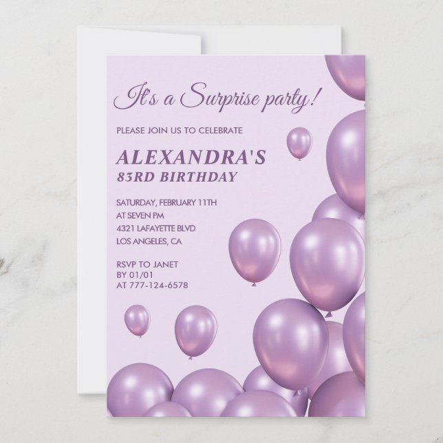 Surprise 83rd birthday invitations Purple Balloons (Front)