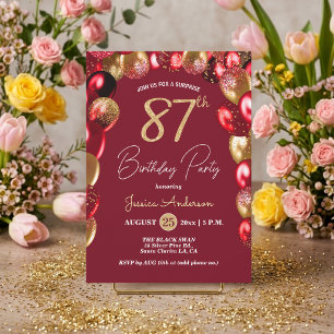 Surprise 87th Birthday Party Gold Burgundy Glitter Invitation