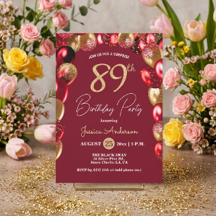 Surprise 89th Birthday Party Gold Burgundy Glitter Invitation