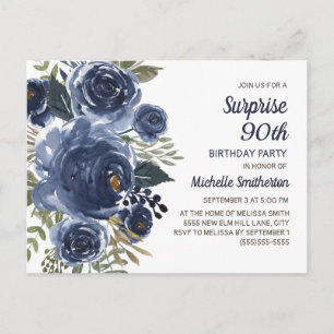 Surprise 90 Birthday Navy Blue Watercolor Floral Postcard