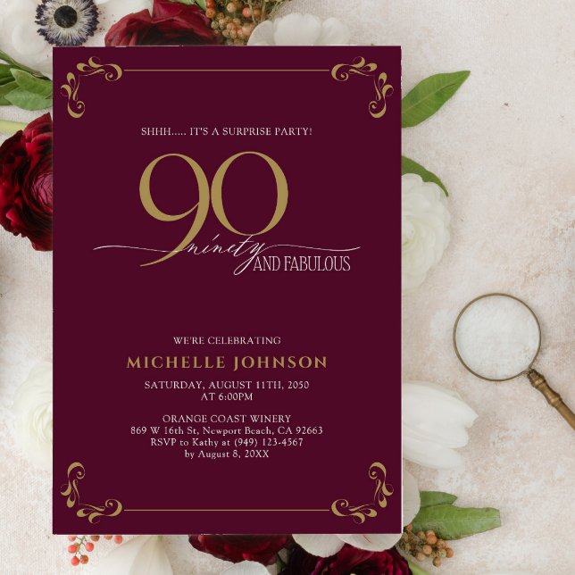 Surprise 90 & Fabulous Burgundy & Gold Birthday  Invitation (Creator Uploaded)