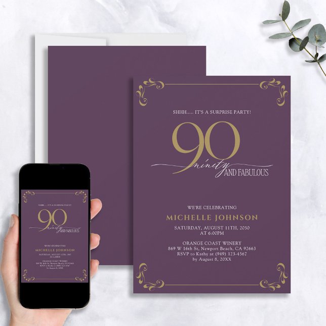 Surprise 90 & Fabulous Purple & Gold Birthday Invitation (Creator Uploaded)