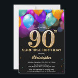 Surprise 90th Birthday Black and Gold Balloons Invitation<br><div class="desc">Surprise 90th Birthday Black and Gold Colourful Balloons and Confetti Invitation. For further customisation,  please click the "Customise it" button and use our design tool to modify this template.</div>