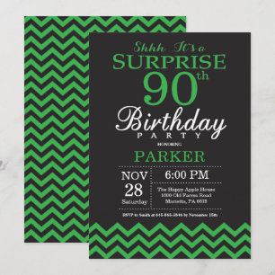 Surprise 90th Birthday Black and Green Chevron Invitation