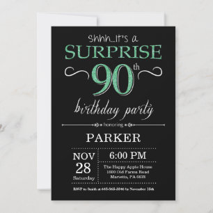 Surprise 90th Birthday Black and Green Glitter Invitation