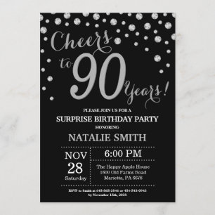Surprise 90th Birthday Black and Silver Diamond Invitation