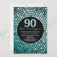 Surprise 90th Birthday Black and Teal Glitter