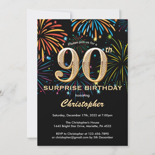 Surprise 90th Birthday Black Gold Rainbow Firework Invitation (Front)