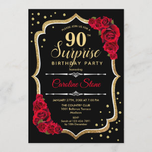 Surprise 90th Birthday - Black Gold Red Invitation