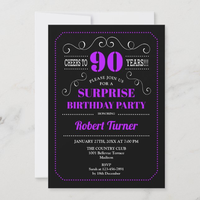 Surprise 90th Birthday - Black Purple Invitation (Front)