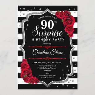 Surprise 90th Birthday - Black White Red Invitation