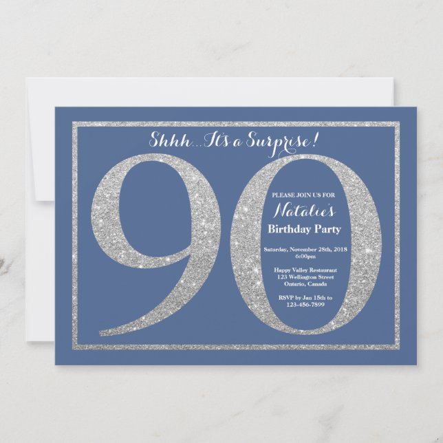 Surprise 90th Birthday Blue and Silver Glitter Invitation (Front)