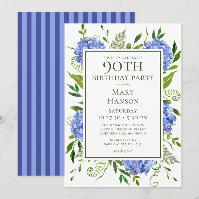 Surprise 90th Birthday Blue Hydrangeas Invitation (Front/Back)