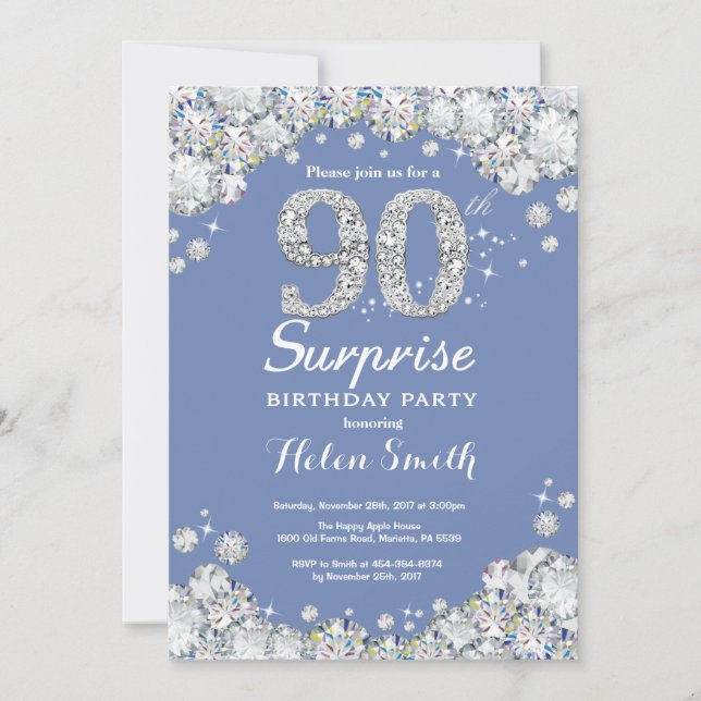 Surprise 90th Birthday Blue Silver Diamond Invitation (Front)