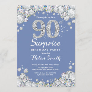 Surprise 90th Birthday Blue Silver Diamond Invitation