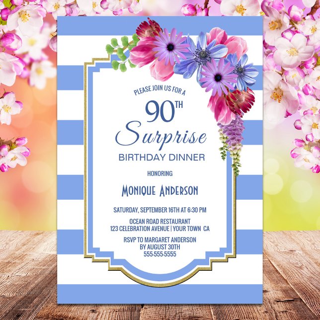 Surprise 90th Birthday Blue Striped Floral Dinner Invitation (Creator Uploaded)