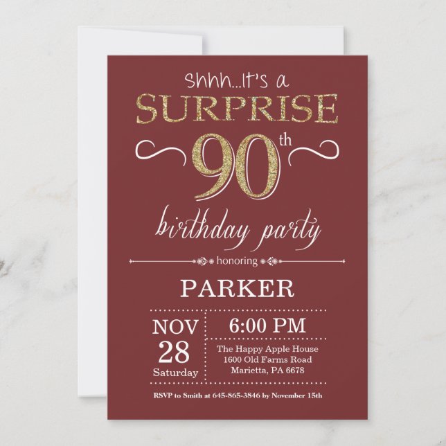Surprise 90th Birthday Burgundy and Gold Glitter Invitation (Front)