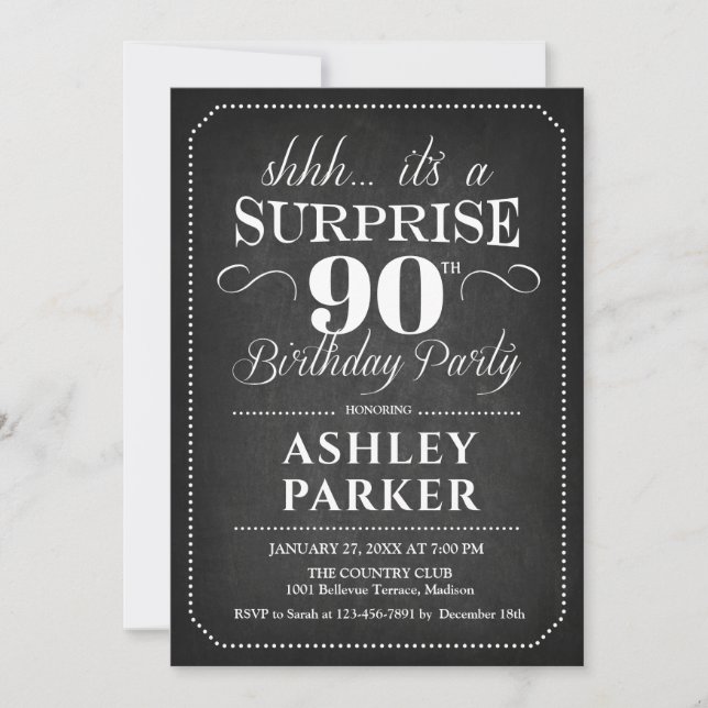 Surprise 90th Birthday - Chalkboard Black White Invitation (Front)