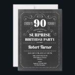 Surprise 90th Birthday - Chalkboard Invitation<br><div class="desc">Surprise 90th birthday party invitation for men or women. Elegant retro design in black and white with typography script font. Cheers to 90 years! Can be customized to any age. Perfect for a stylish milestone adult bday surprise celebration.</div>