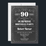 Surprise 90th Birthday - Chalkboard Invitation<br><div class="desc">Surprise 90th birthday party invitation for men or women. Elegant retro design in black and white with typography script font. Cheers to 90 years! Can be customized to any age. Perfect for a stylish milestone adult bday surprise celebration.</div>