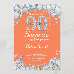 Surprise 90th Birthday Coral Silver Diamond Invitation