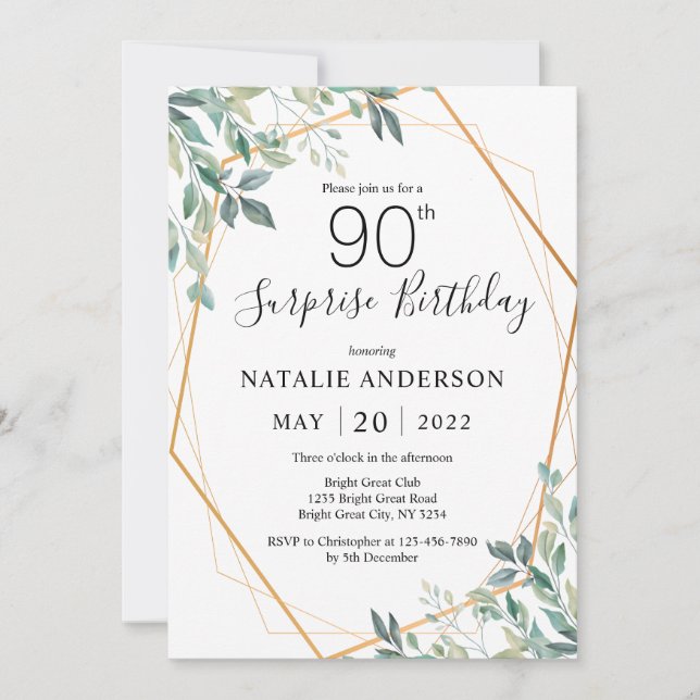 Surprise 90th Birthday Eucalyptus Greenery & Gold Invitation (Front)