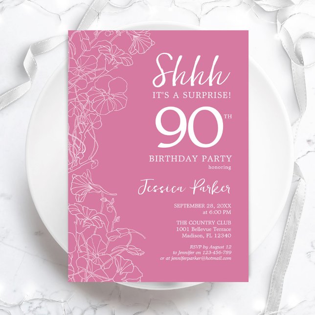 Surprise 90th Birthday - Floral Pink Invitation (Creator Uploaded)