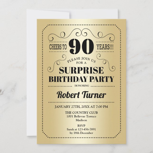 Surprise 90th Birthday - Gold Black Invitation (Front)