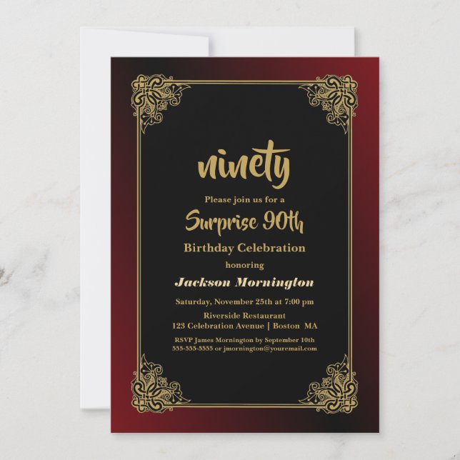 Surprise 90th Birthday Gold Border Black Invitation (Front)