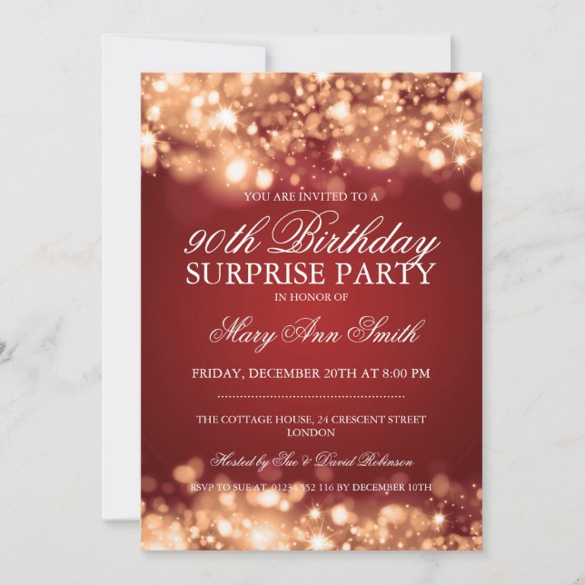 Surprise 90th Birthday Gold & Red Sparkling Lights Invitation (Front)