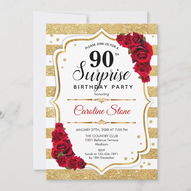Surprise 90th Birthday - Gold White Red Invitation (Front)