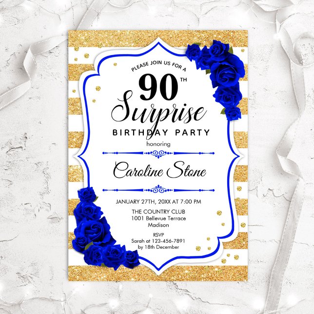 Surprise 90th Birthday - Gold White Royal Blue Invitation (Creator Uploaded)