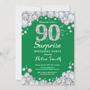 Surprise 90th Birthday Green and Silver Diamond Invitation