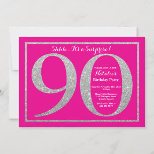 Surprise 90th Birthday Hot Pink and Silver Glitter Invitation
