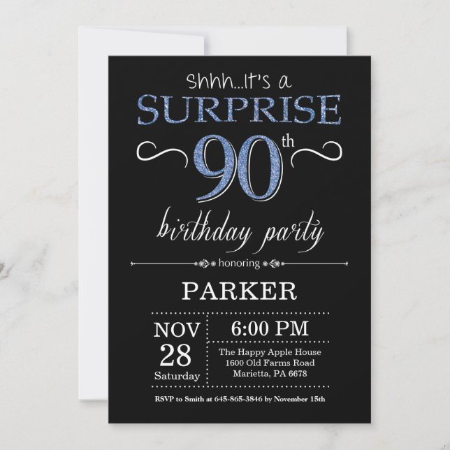 Surprise 90th Birthday Invitation Black and Blue (Front)