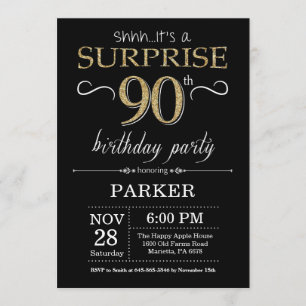 Surprise 90th Birthday Invitation Black and Gold